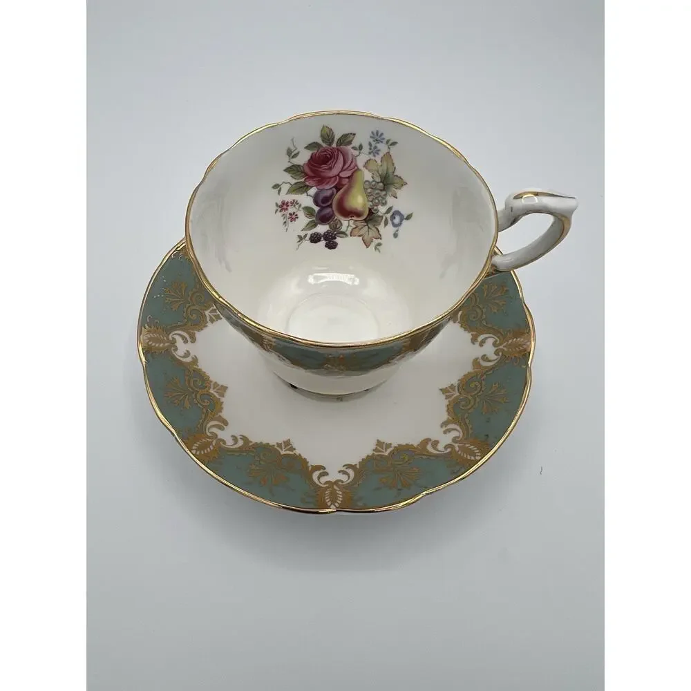 Vintage Paragon England Floral Rose‎ White Turquoise Tea Cup & Saucer Set